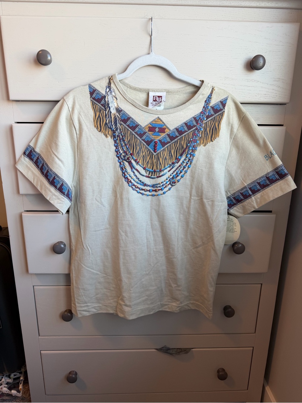 Vintage Native American Graphic Beaded Fringe Graphic Tee - Cream